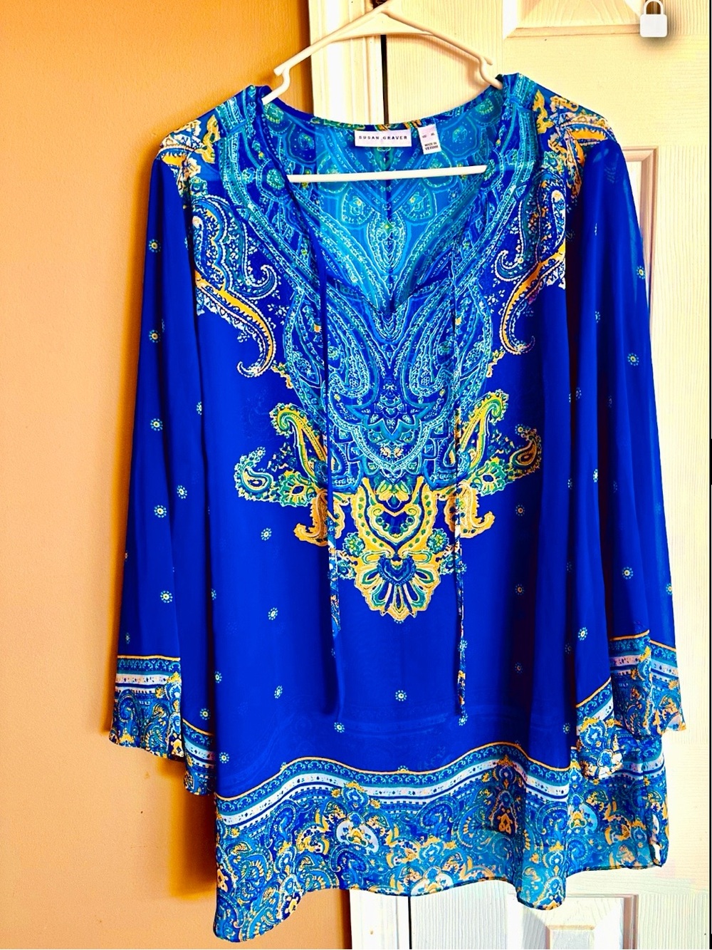 Susan Graver  XL  Cobalt Blue Paisley V-Neck Tunic with Yellow Accents